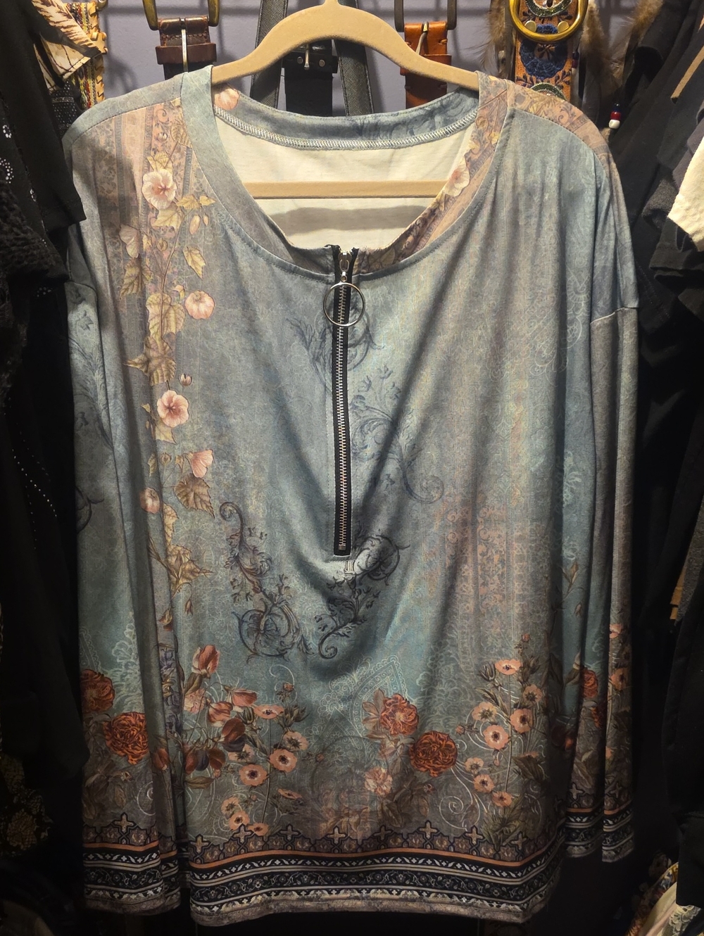 Light Blue Floral Zip-Front Women's Top